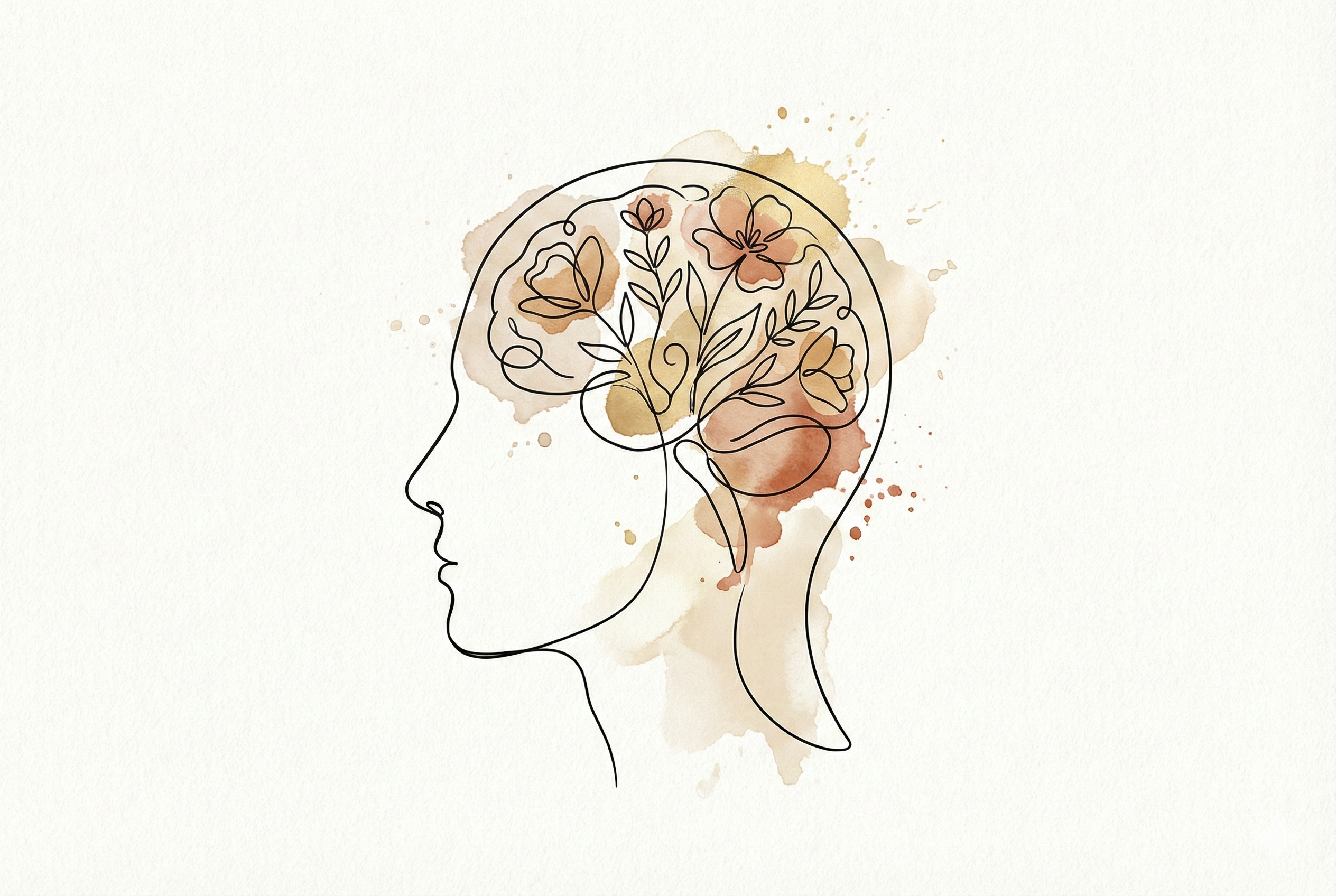 A minimalist abstract line art of a human head silhouette with flowers blooming inside