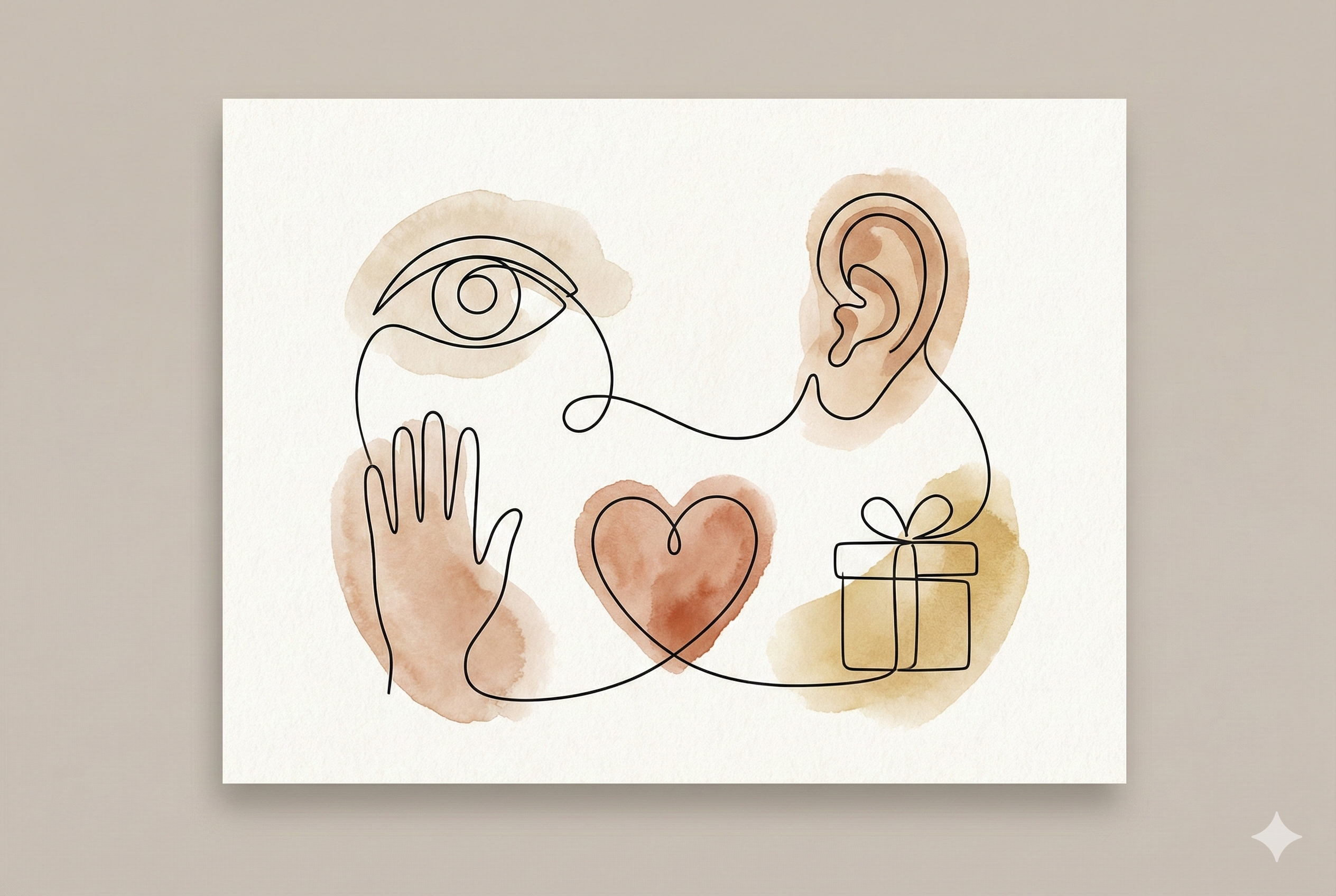 Five symbols representing love languages: eye, ear, hand, heart, gift